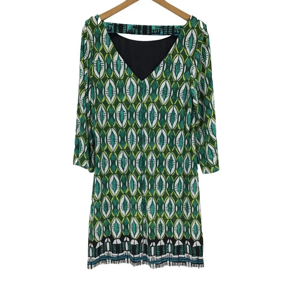 Laundry Shelli Segal Shift Dress Size Large Green Blue White Geometric Print